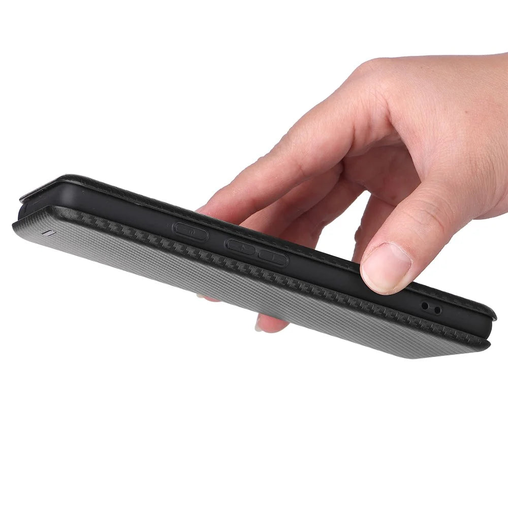 Carbon Fiber Texture Magnetic Auto-absorbed Leather Phone Case Protective Cover with Stand and Card Slot for Google Pixel 6a - Black - 7