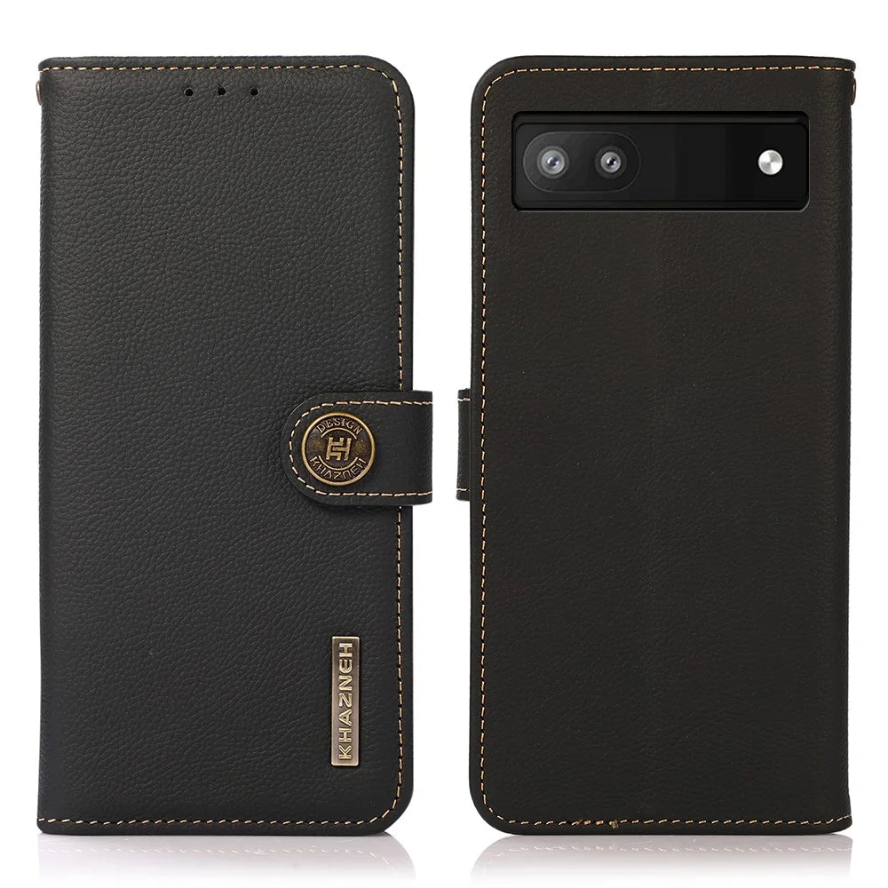 KHAZNEH Genuine Leather + TPU RFID Blocking Phone Case with Stand Wallet for Google Pixel 6a - Black - 1