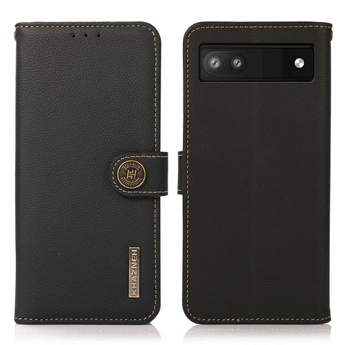 KHAZNEH Genuine Leather + TPU RFID Blocking Phone Case with Stand Wallet for Google Pixel 6a - Black - 1