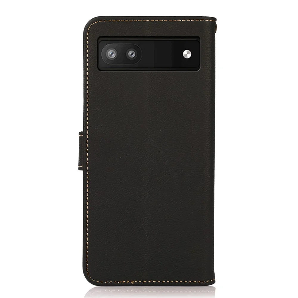 KHAZNEH Genuine Leather + TPU RFID Blocking Phone Case with Stand Wallet for Google Pixel 6a - Black - 3