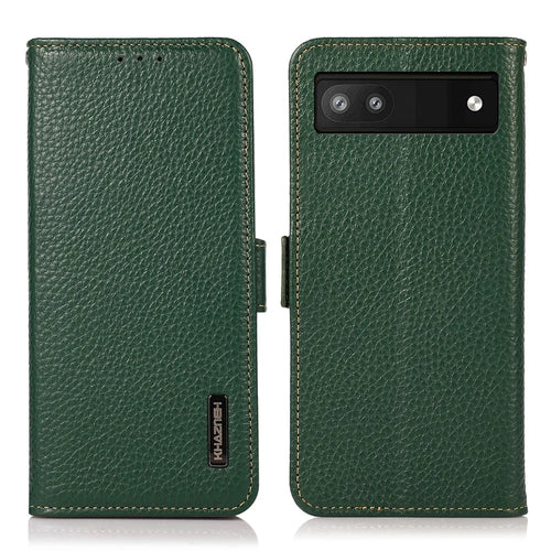 KHAZNEH Genuine Leather Litchi Texture Protective Cover RFID Blocking Phone Case for Google Pixel 6a - Green - 1