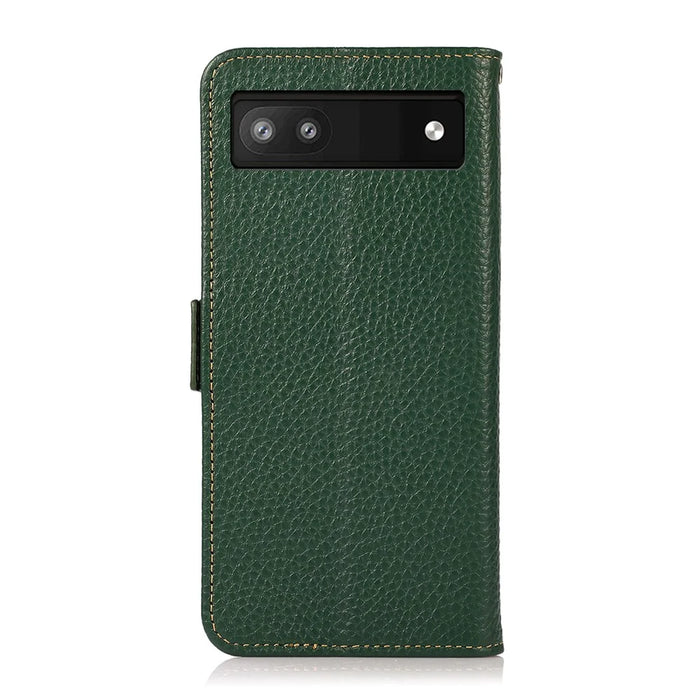 KHAZNEH Genuine Leather Litchi Texture Protective Cover RFID Blocking Phone Case for Google Pixel 6a - Green - 3