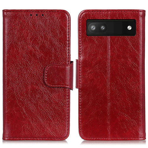 Nappa Texture Split Leather Cover + TPU Case Stand Wallet Protector for Google Pixel 6a - Red - 1
