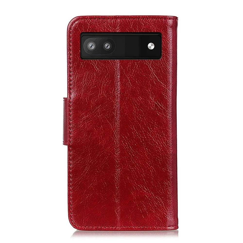 Nappa Texture Split Leather Cover + TPU Case Stand Wallet Protector for Google Pixel 6a - Red - 3