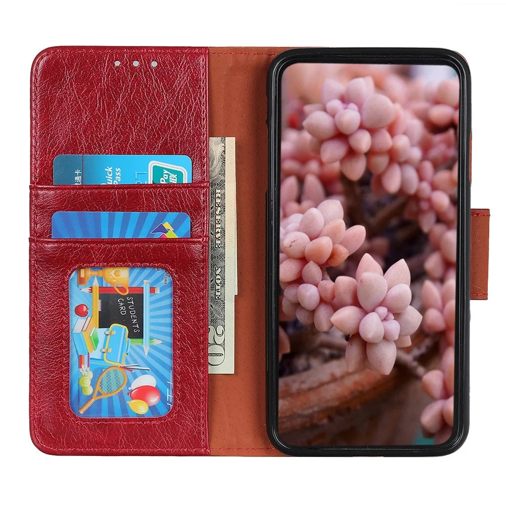 Nappa Texture Split Leather Cover + TPU Case Stand Wallet Protector for Google Pixel 6a - Red - 5
