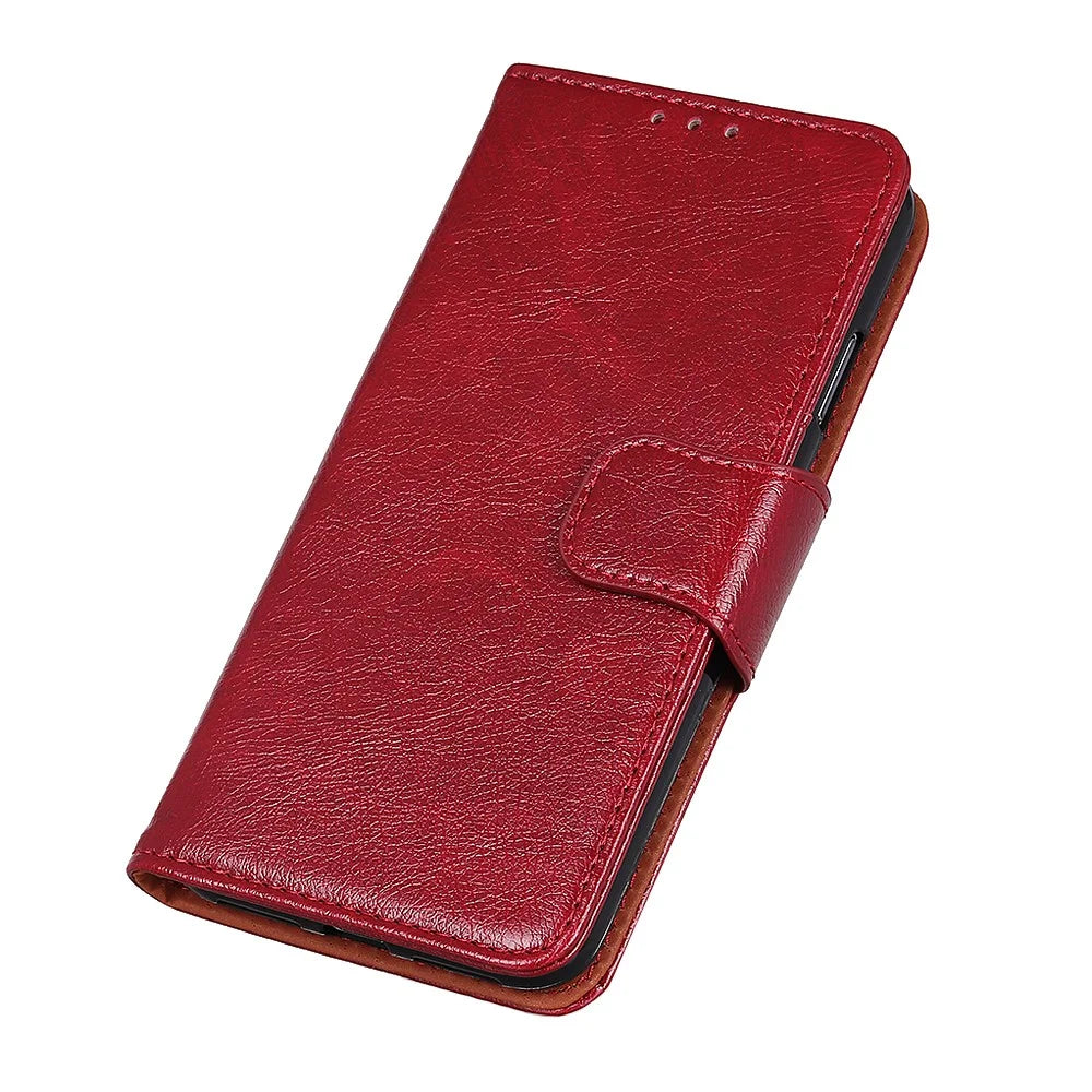 Nappa Texture Split Leather Cover + TPU Case Stand Wallet Protector for Google Pixel 6a - Red - 6