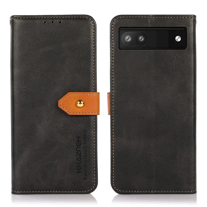 KHAZNEH Magnetic Golden Clasp PU Leather + TPU Case Wallet Stand Protective Cover for Google Pixel 6a - Black - 1