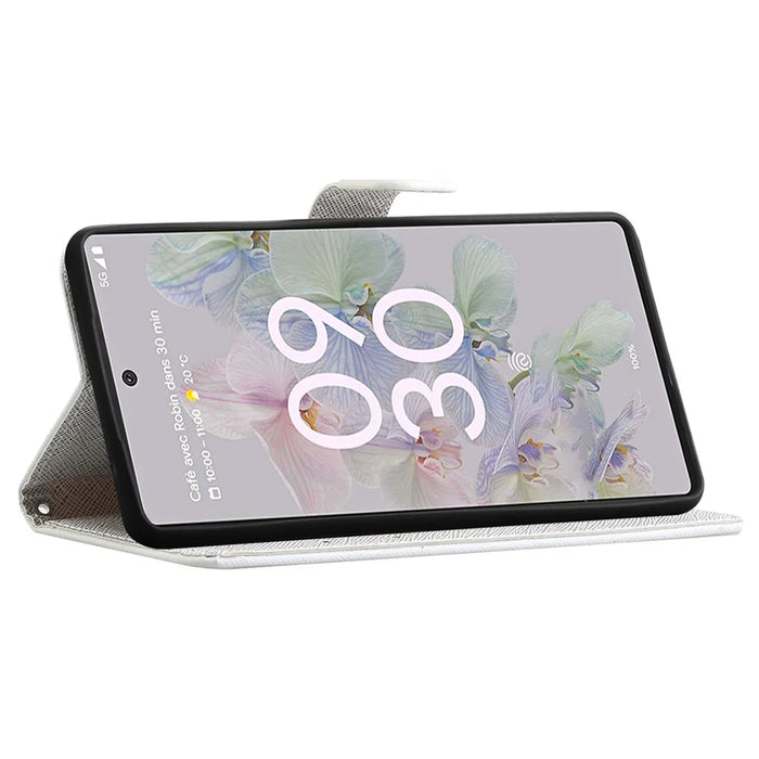 Magnetic Closed PU Leather Phone Protector Cross Texture Folding Phone Case with Stand Wallet for Google Pixel 6a - Flower - 4