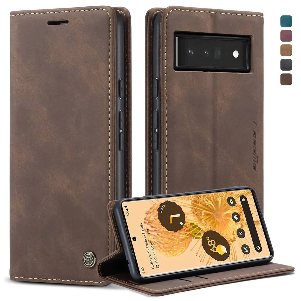 CASEME 013 Series Compatible for Google Pixel 6 Pro Mobile Phone Case Wallet Anti-Drop Magnetic Auto-absorbed PU Leather Flip Phone Cover - Coffee - 1