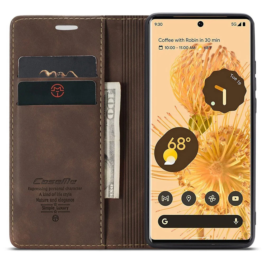 CASEME 013 Series Compatible for Google Pixel 6 Pro Mobile Phone Case Wallet Anti-Drop Magnetic Auto-absorbed PU Leather Flip Phone Cover - Coffee - 2