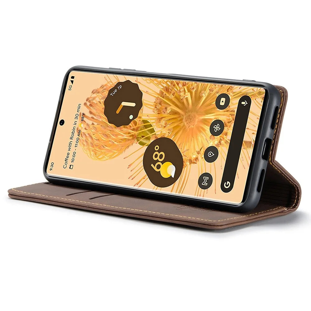 CASEME 013 Series Compatible for Google Pixel 6 Pro Mobile Phone Case Wallet Anti-Drop Magnetic Auto-absorbed PU Leather Flip Phone Cover - Coffee - 3