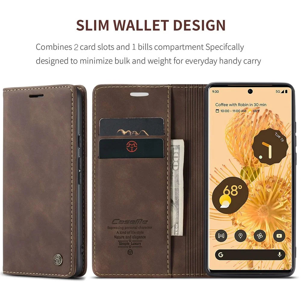 CASEME 013 Series Compatible for Google Pixel 6 Pro Mobile Phone Case Wallet Anti-Drop Magnetic Auto-absorbed PU Leather Flip Phone Cover - Coffee - 4