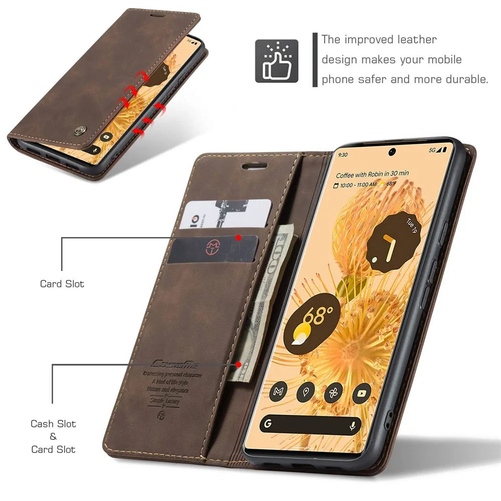 CASEME 013 Series Compatible for Google Pixel 6 Pro Mobile Phone Case Wallet Anti-Drop Magnetic Auto-absorbed PU Leather Flip Phone Cover - Coffee - 5