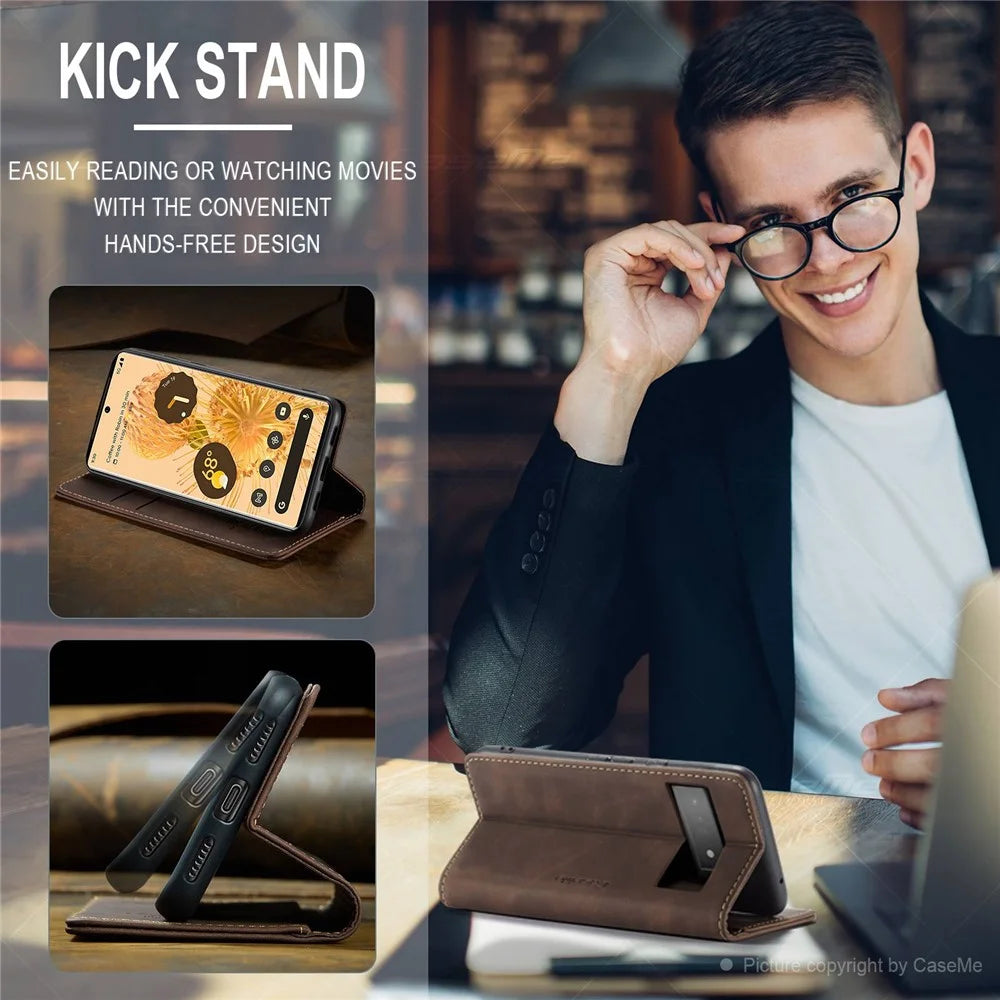 CASEME 013 Series Compatible for Google Pixel 6 Pro Mobile Phone Case Wallet Anti-Drop Magnetic Auto-absorbed PU Leather Flip Phone Cover - Coffee - 6