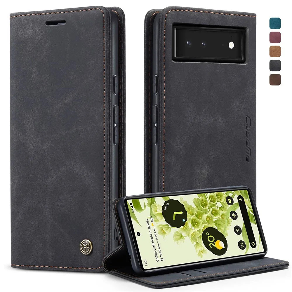 CASEME 013 Series Wallet Stand Design Lightweight Auto-absorbed PU Leather Flip Folio Phone Case for Google Pixel 6 - Black - 1