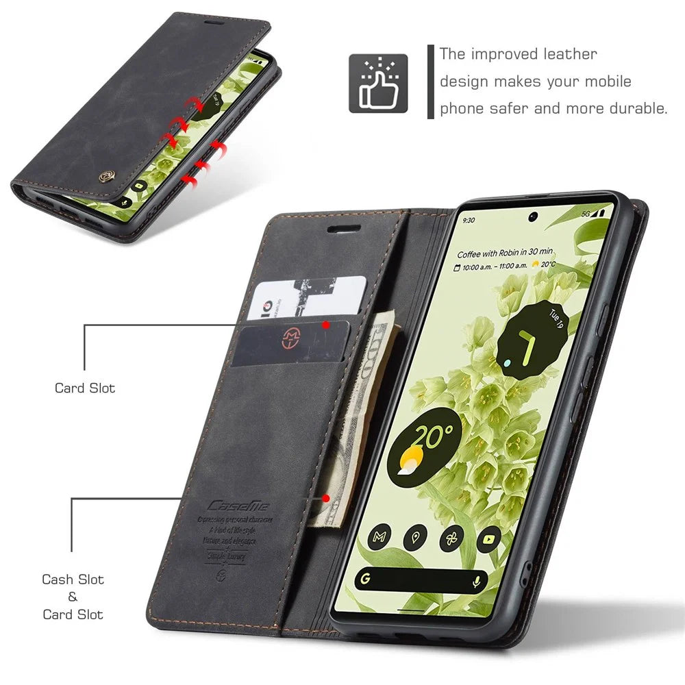 CASEME 013 Series Wallet Stand Design Lightweight Auto-absorbed PU Leather Flip Folio Phone Case for Google Pixel 6 - Black - 5
