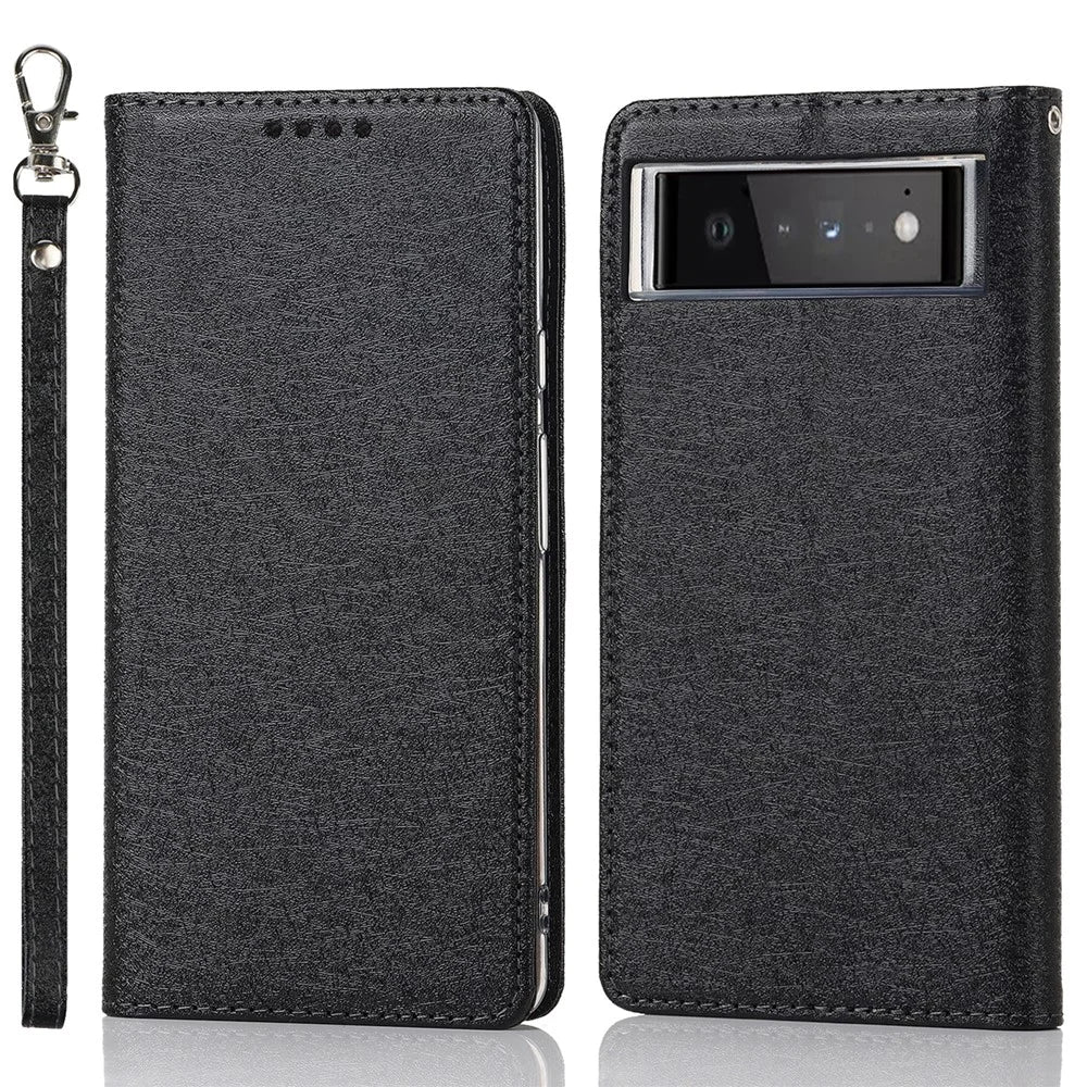 For Google Pixel 6 Anti-scratch Phone Case Anti-fall Shockproof Silk Texture Leather Wallet Cover with Strap - Black - 1