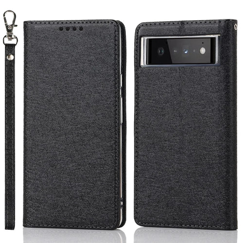 For Google Pixel 6 Anti-scratch Phone Case Anti-fall Shockproof Silk Texture Leather Wallet Cover with Strap - Black - 1