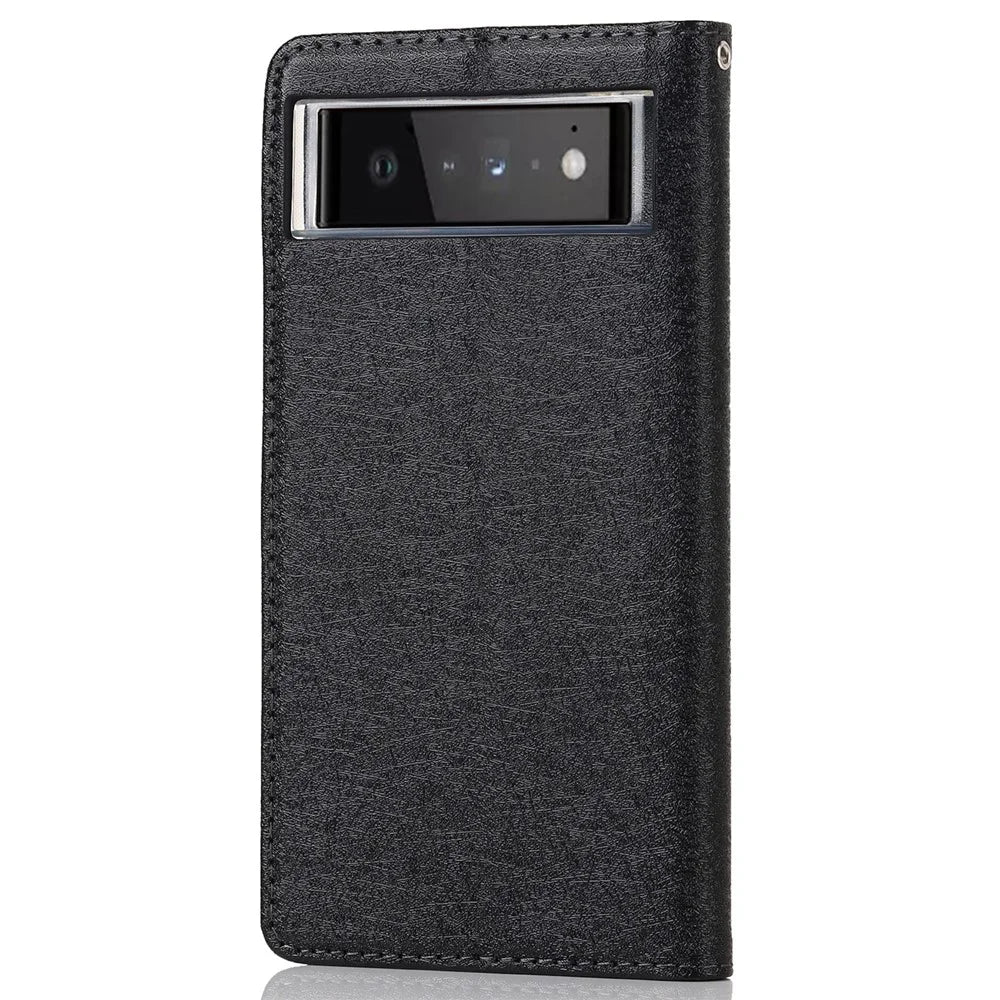 For Google Pixel 6 Anti-scratch Phone Case Anti-fall Shockproof Silk Texture Leather Wallet Cover with Strap - Black - 3