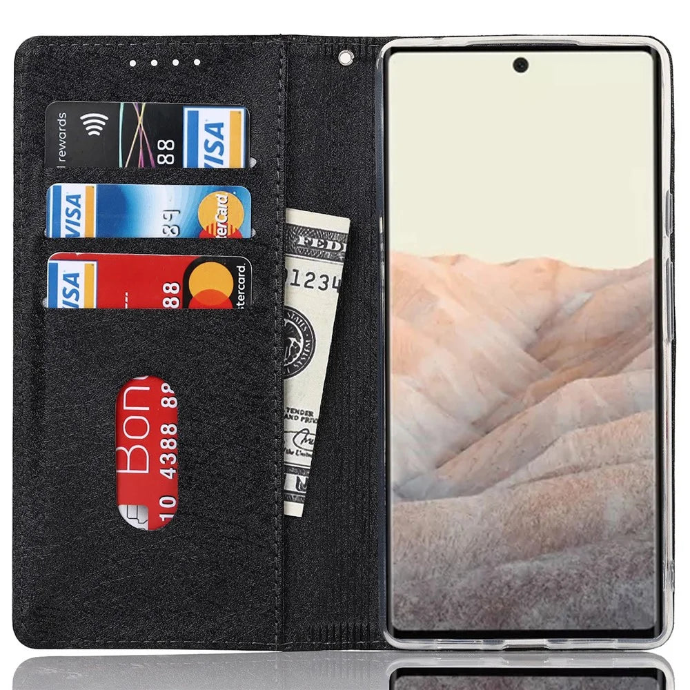 For Google Pixel 6 Anti-scratch Phone Case Anti-fall Shockproof Silk Texture Leather Wallet Cover with Strap - Black - 4