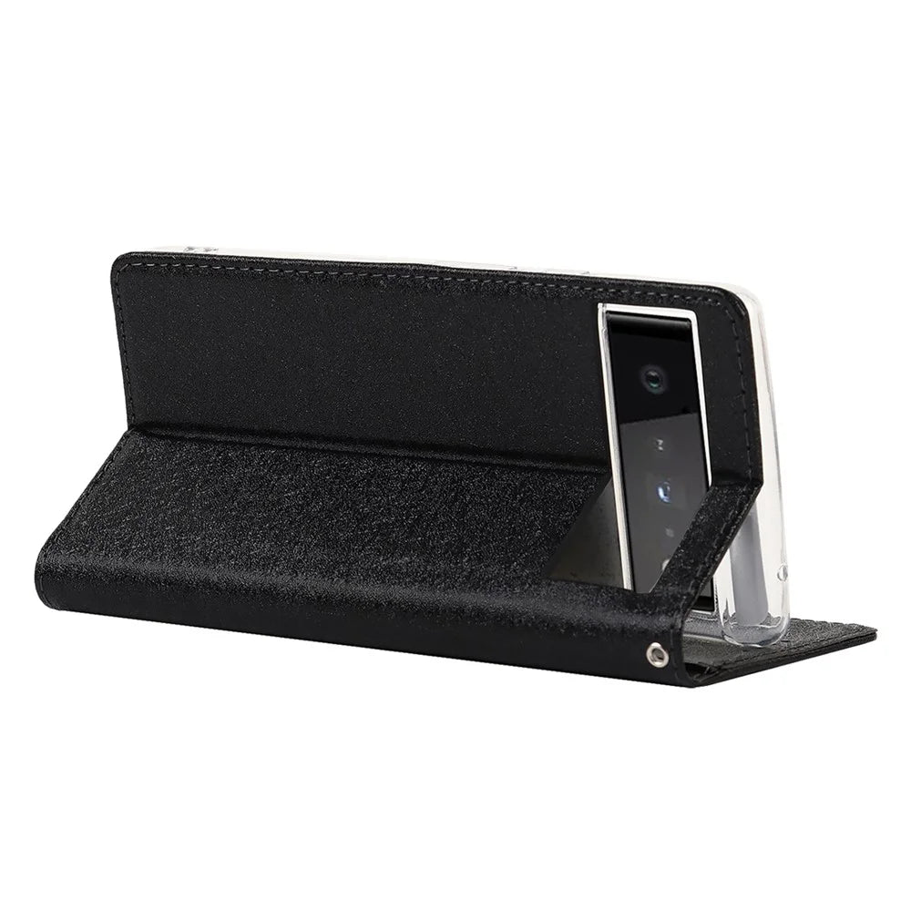 For Google Pixel 6 Anti-scratch Phone Case Anti-fall Shockproof Silk Texture Leather Wallet Cover with Strap - Black - 6