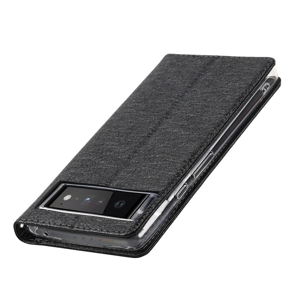 For Google Pixel 6 Anti-scratch Phone Case Anti-fall Shockproof Silk Texture Leather Wallet Cover with Strap - Black - 7