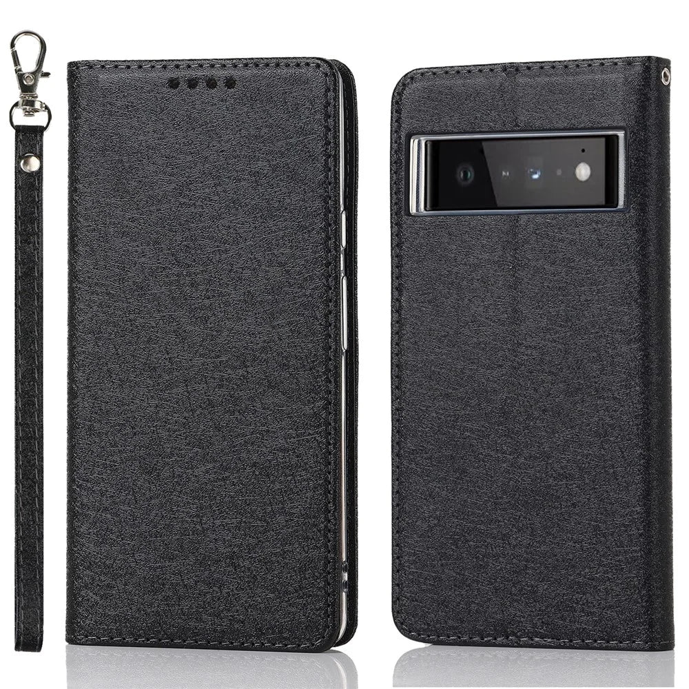 For Google Pixel 6 Pro Mobile Phone Shell Bag Anti-scratch Phone Case Anti-fall Shockproof Silk Texture Leather Wallet Cover with Strap - Black - 1