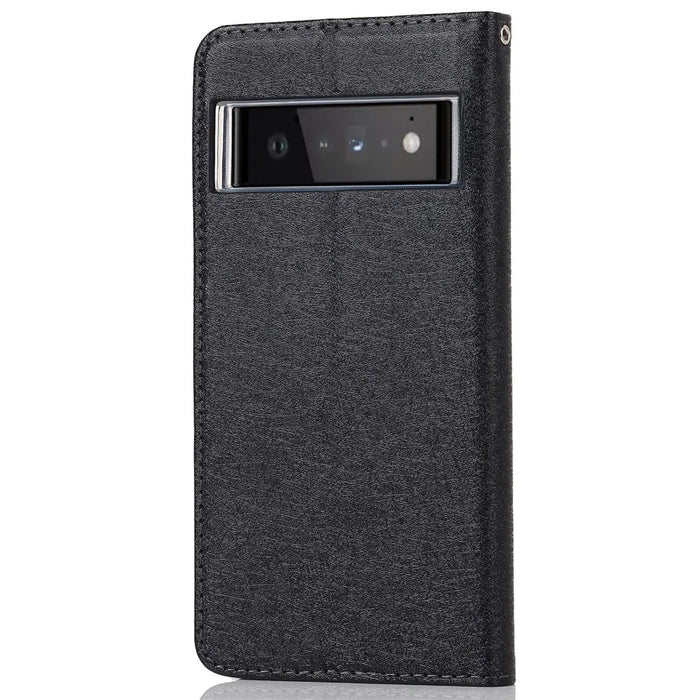 For Google Pixel 6 Pro Mobile Phone Shell Bag Anti-scratch Phone Case Anti-fall Shockproof Silk Texture Leather Wallet Cover with Strap - Black - 3