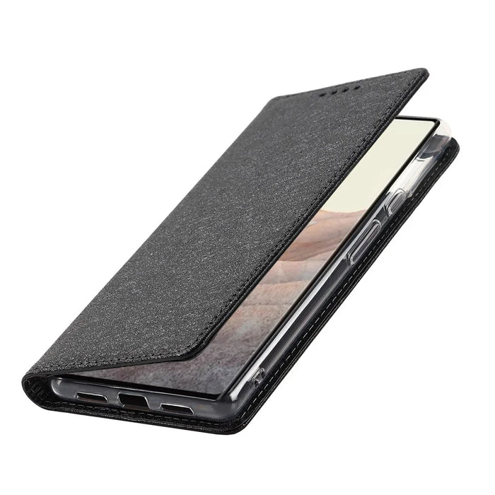 For Google Pixel 6 Pro Mobile Phone Shell Bag Anti-scratch Phone Case Anti-fall Shockproof Silk Texture Leather Wallet Cover with Strap - Black - 7