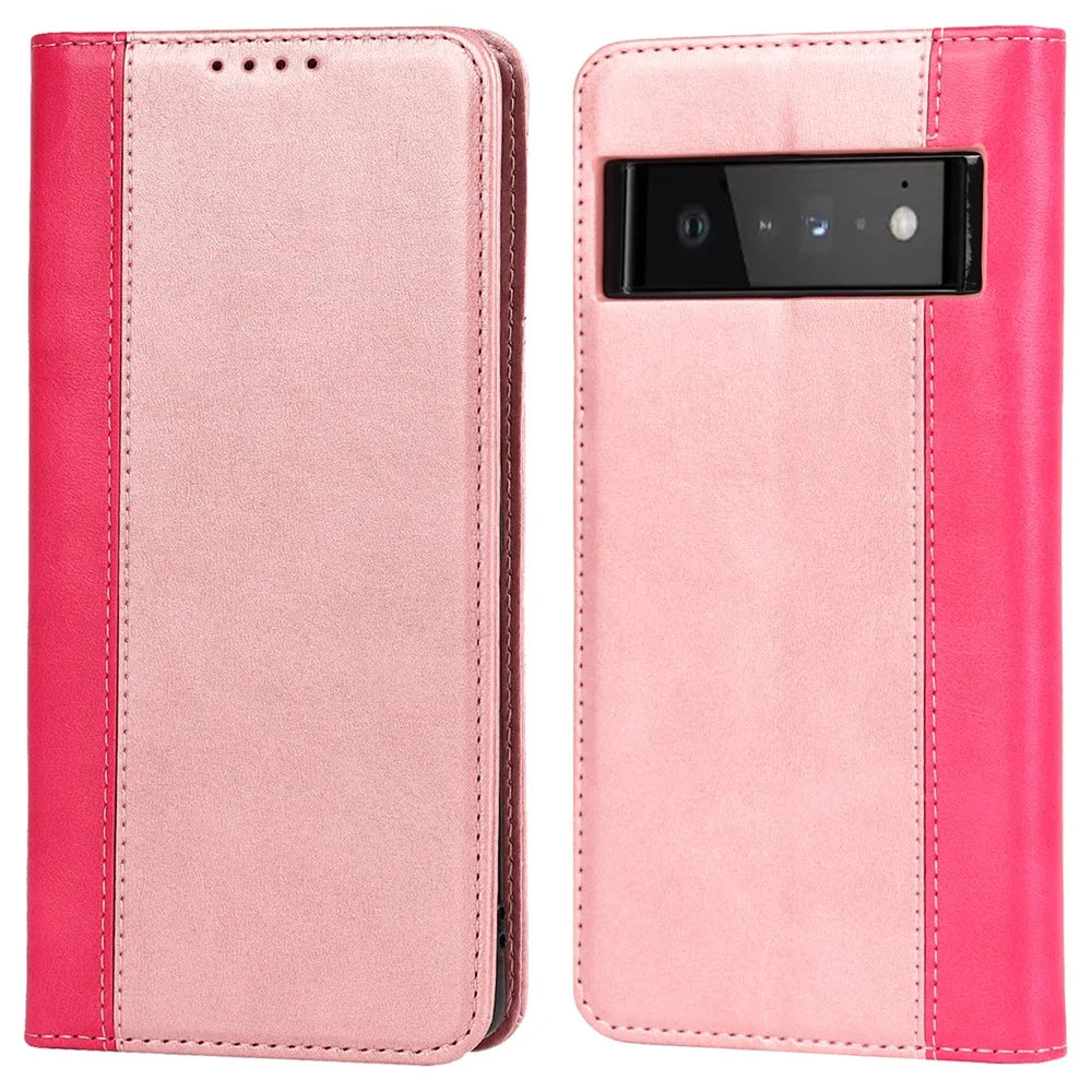 For Google Pixel 6 Auto-absorbed Bi-color Splicing Stylish Anti-scratch Leather Wallet Phone Case with Stand - Rose Gold/Rose - 1