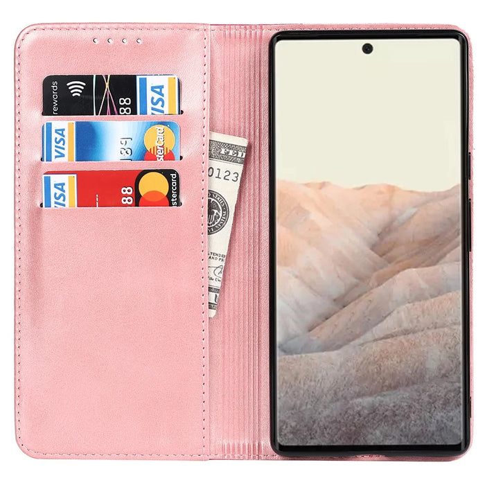 For Google Pixel 6 Auto-absorbed Bi-color Splicing Stylish Anti-scratch Leather Wallet Phone Case with Stand - Rose Gold/Rose - 4