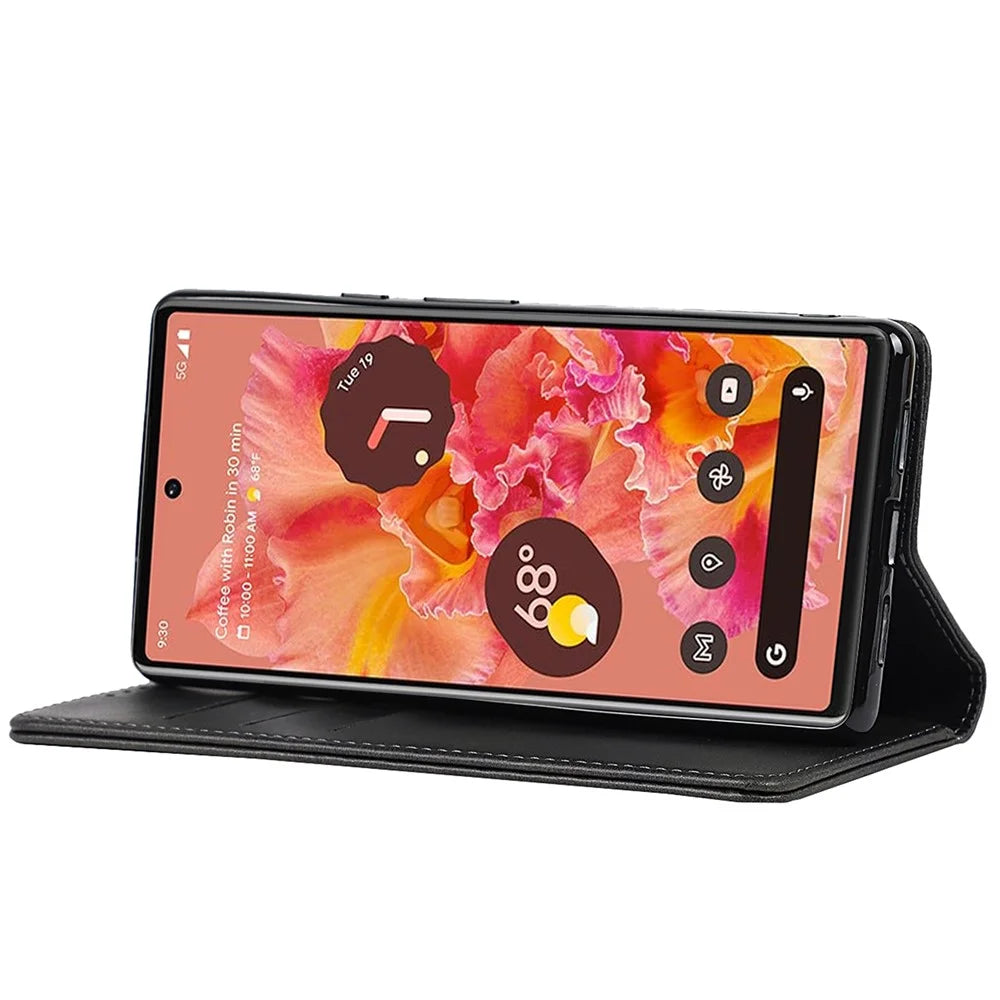 For Google Pixel 6 Wallet Stand Function Drop-proof Auto-absorbed TPU+PU Leather Phone Cover Case - Black - 5