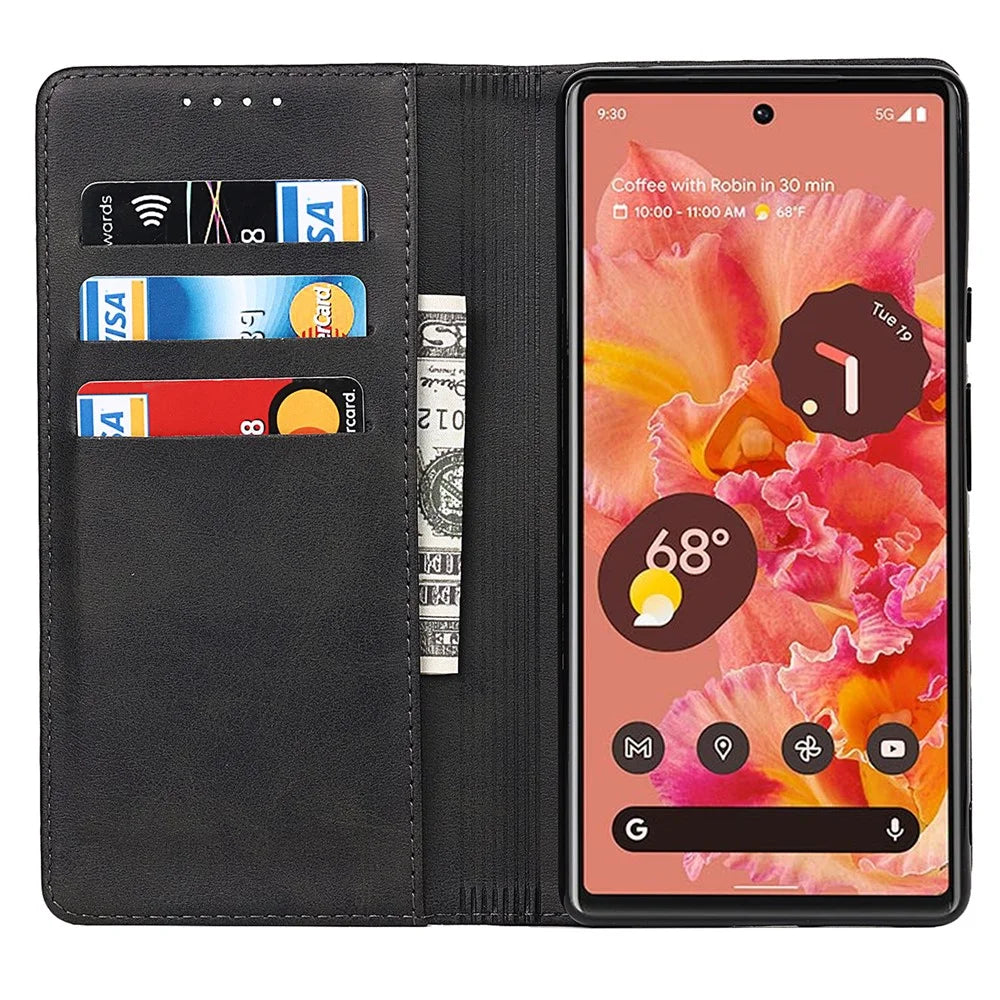 For Google Pixel 6 Wallet Stand Function Drop-proof Auto-absorbed TPU+PU Leather Phone Cover Case - Black - 6