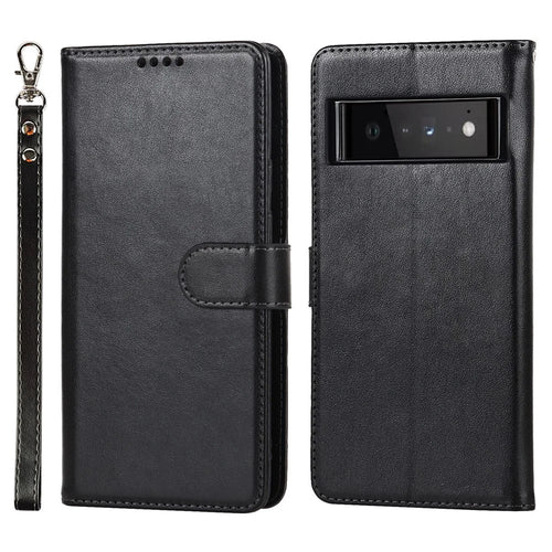 R61 Texture Felled Seam PU Leather Cover Wallet Phone Case Shell with Foldable Stand for Google Pixel 6 Pro - Black - 1