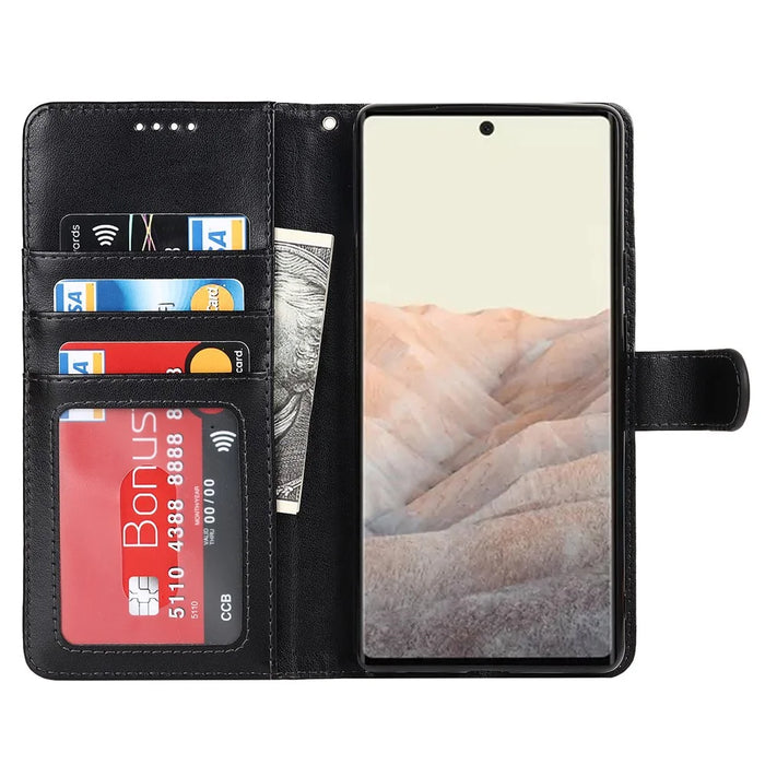 R61 Texture Felled Seam PU Leather Cover Wallet Phone Case Shell with Foldable Stand for Google Pixel 6 Pro - Black - 6