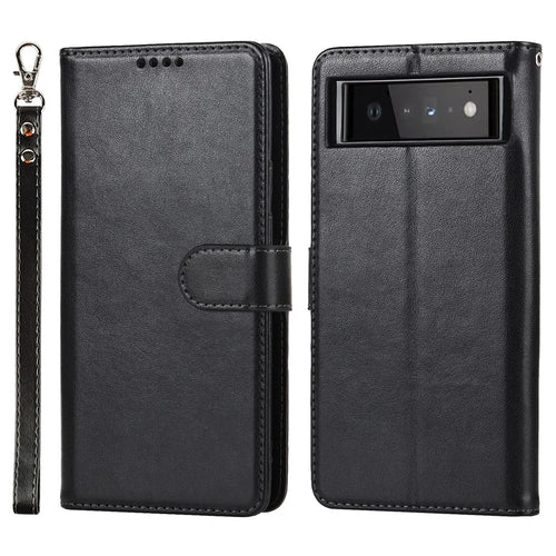R61 Texture Felled Seam Shockproof Leather Case Wallet Stand Flip Phone Cover with Strap for Google Pixel 6 - Black - 1