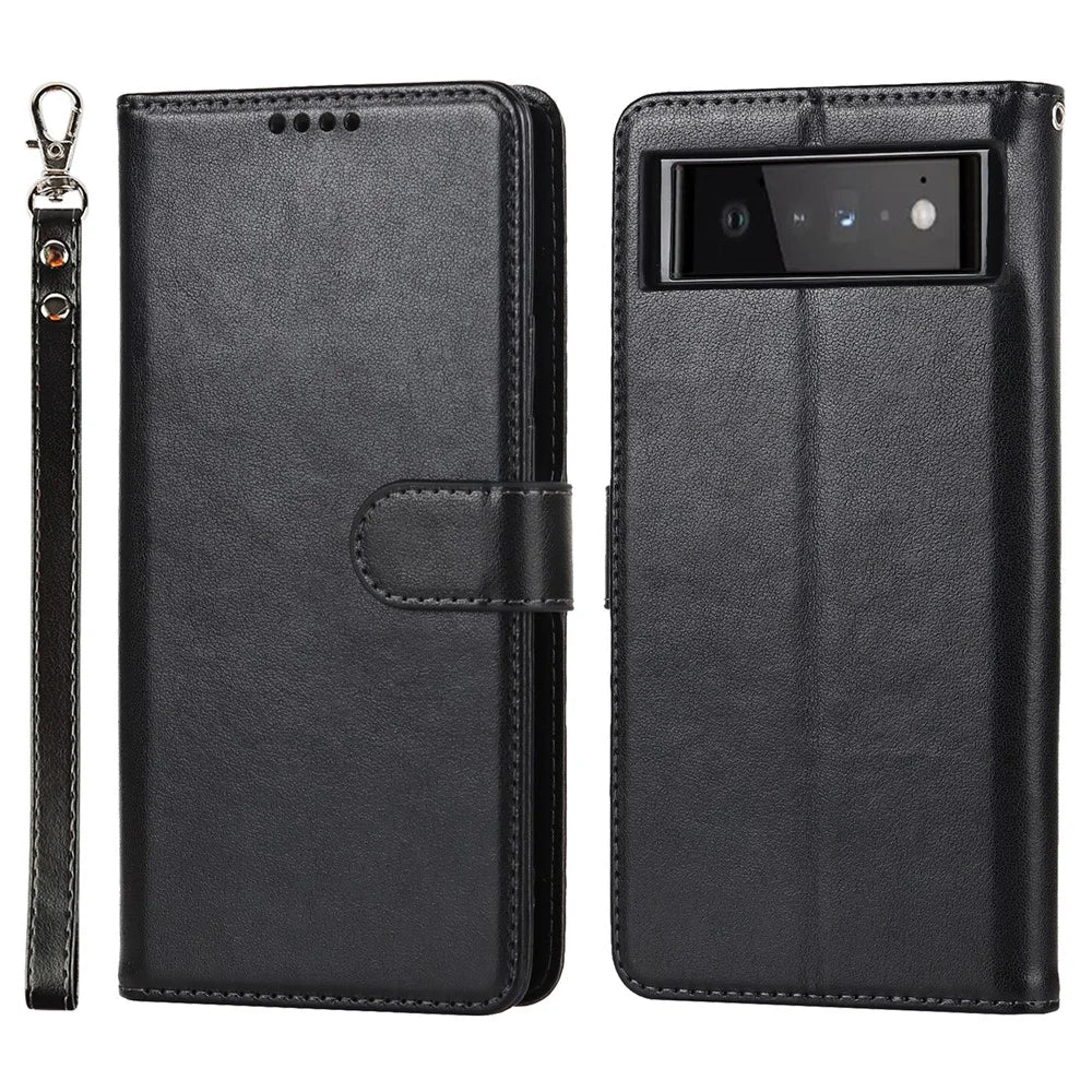 R61 Texture Felled Seam Shockproof Leather Case Wallet Stand Flip Phone Cover with Strap for Google Pixel 6 - Black - 1