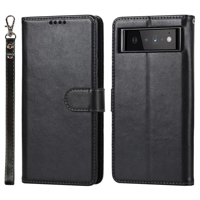 R61 Texture Felled Seam Shockproof Leather Case Wallet Stand Flip Phone Cover with Strap for Google Pixel 6 - Black - 1
