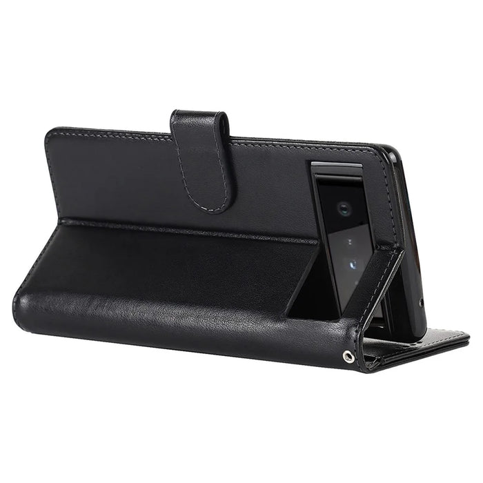 R61 Texture Felled Seam Shockproof Leather Case Wallet Stand Flip Phone Cover with Strap for Google Pixel 6 - Black - 5