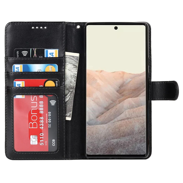 R61 Texture Felled Seam Shockproof Leather Case Wallet Stand Flip Phone Cover with Strap for Google Pixel 6 - Black - 6