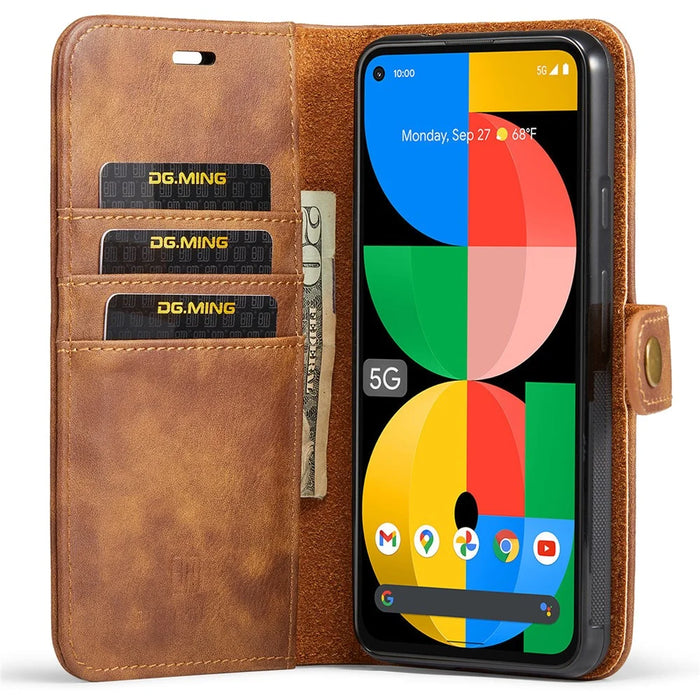 DG.MING Anti-scratch Mobile Phone Bag Split Leather Wallet Full Protection Cover Shell Detachable 2-in-1 TPU Inner Phone Case for Google Pixel 5a 5G - Brown - 4
