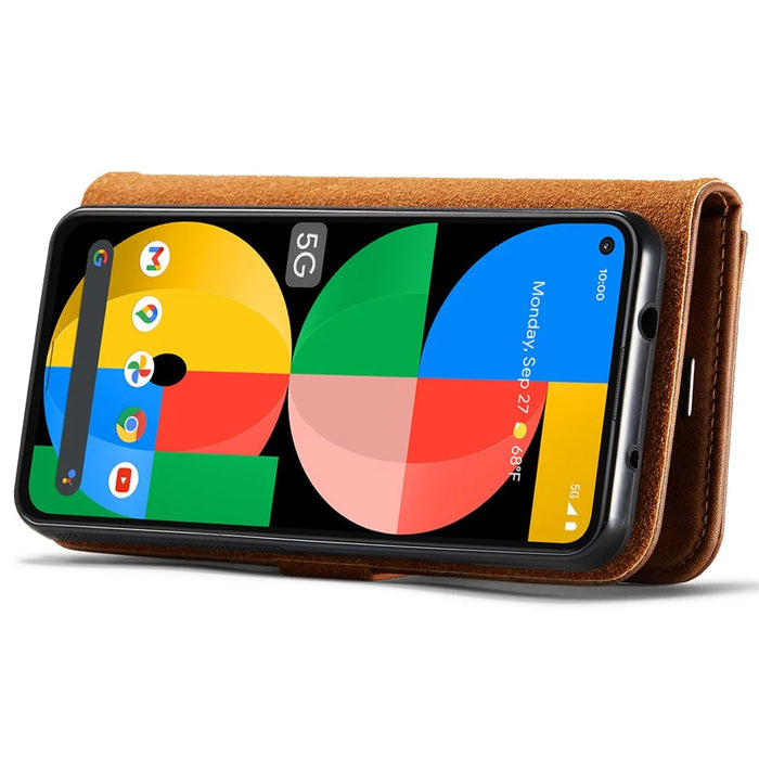 DG.MING Anti-scratch Mobile Phone Bag Split Leather Wallet Full Protection Cover Shell Detachable 2-in-1 TPU Inner Phone Case for Google Pixel 5a 5G - Brown - 5
