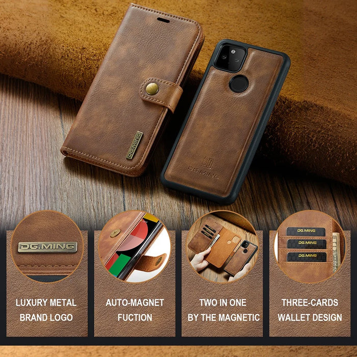 DG.MING Anti-scratch Mobile Phone Bag Split Leather Wallet Full Protection Cover Shell Detachable 2-in-1 TPU Inner Phone Case for Google Pixel 5a 5G - Brown - 7