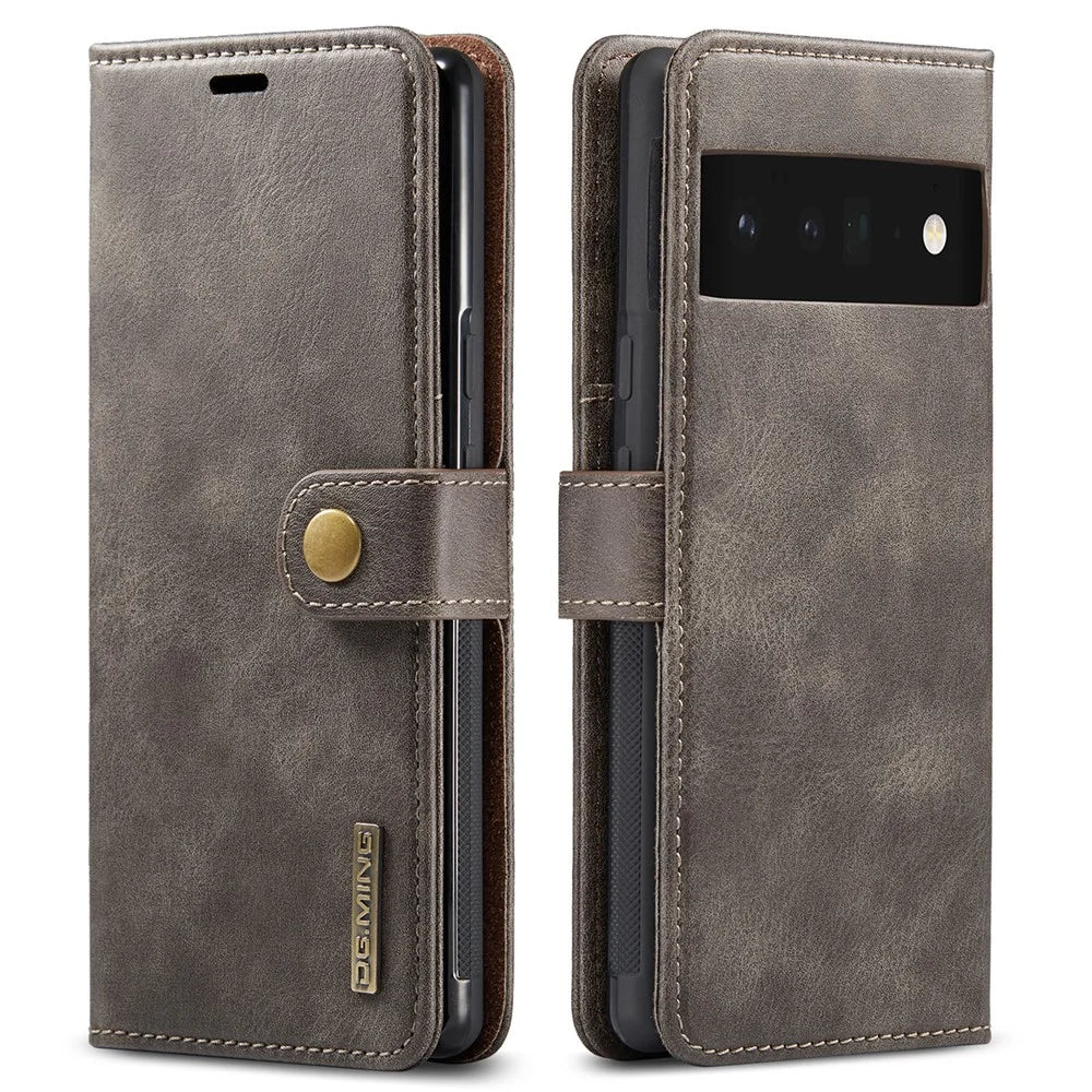 DG.MING Split Leather+TPU Inner Phone Case Wallet Magnetic Detachable 2-in-1 Phone Covering for Google Pixel 6 Pro - Grey - 1