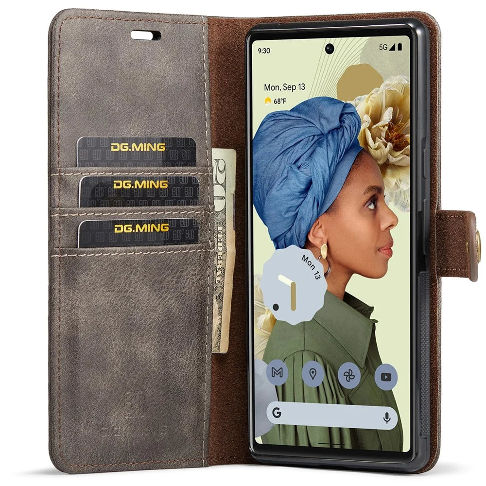 DG.MING Split Leather+TPU Inner Phone Case Wallet Magnetic Detachable 2-in-1 Phone Covering for Google Pixel 6 Pro - Grey - 4