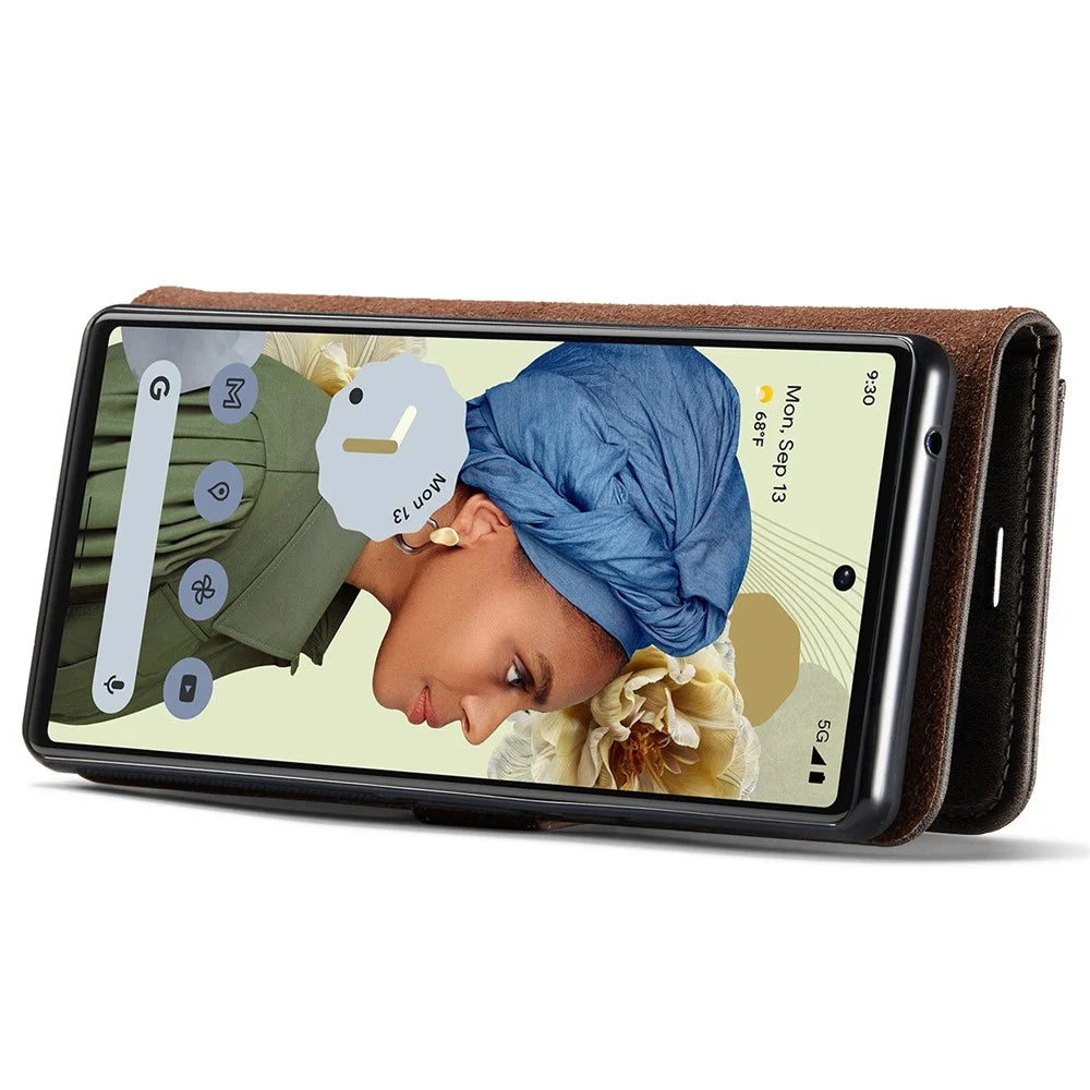 DG.MING Split Leather+TPU Inner Phone Case Wallet Magnetic Detachable 2-in-1 Phone Covering for Google Pixel 6 Pro - Grey - 5