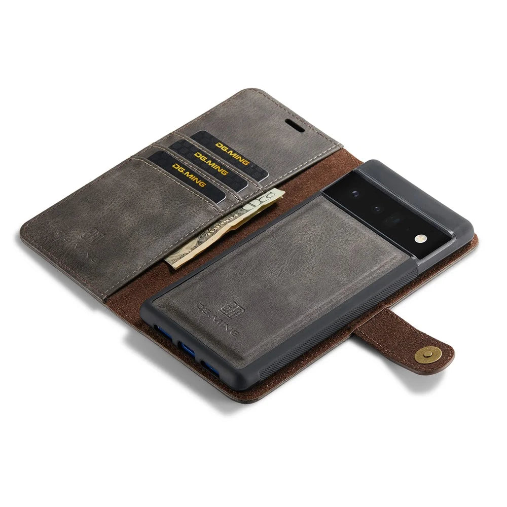 DG.MING Split Leather+TPU Inner Phone Case Wallet Magnetic Detachable 2-in-1 Phone Covering for Google Pixel 6 Pro - Grey - 6