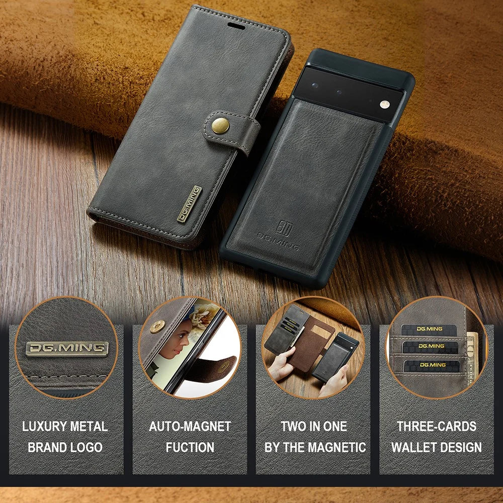 DG.MING Split Leather+TPU Inner Phone Case Wallet Magnetic Detachable 2-in-1 Phone Covering for Google Pixel 6 Pro - Grey - 7