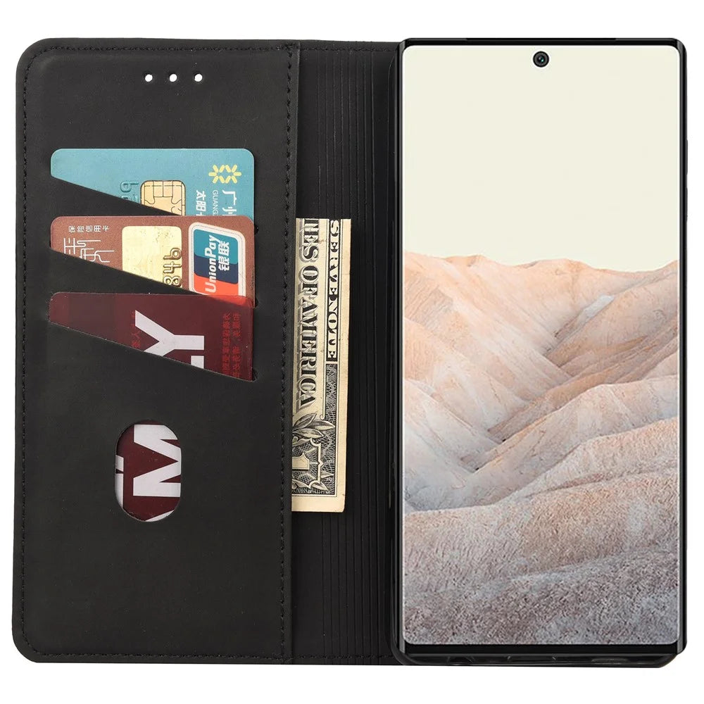 For Google Pixel 6a Wallet Function Anti-fingerprint Shockproof Phone Stand Cover Anti-dust Phone Case Splicing Leather Shell - Black - 6