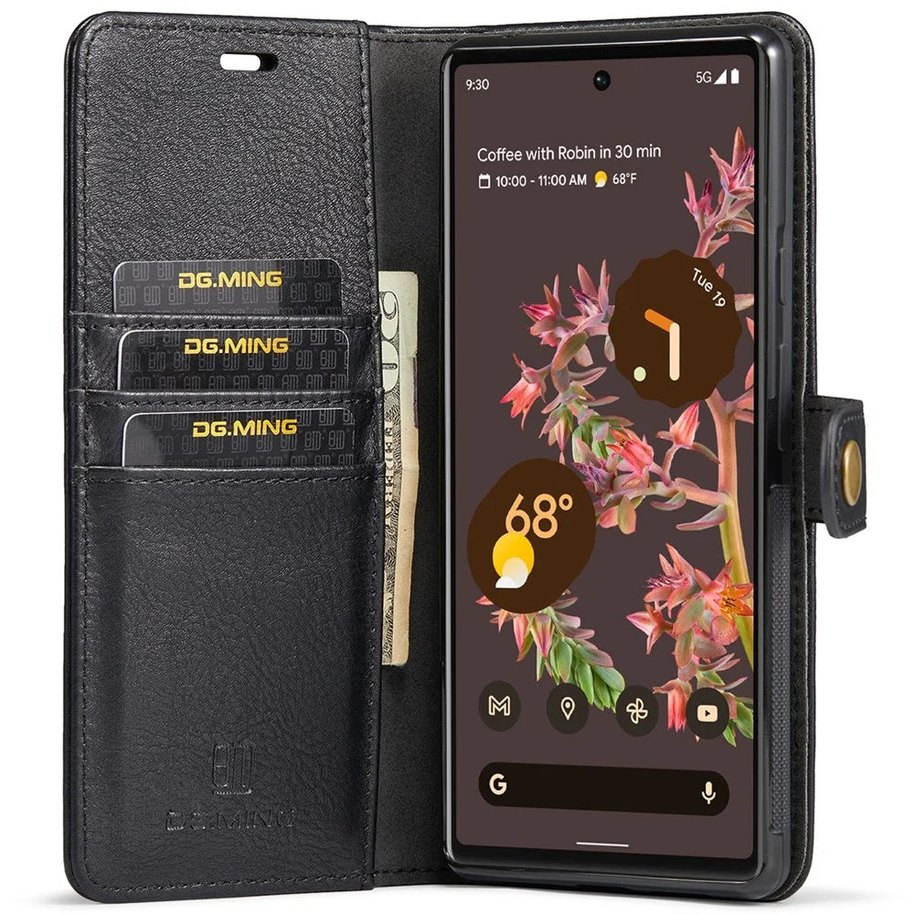 DG.MING Split Leather Cover Wallet Stand Design Detachable Magnetic Absorption Phone Case for Google Pixel 6 - Black - 7